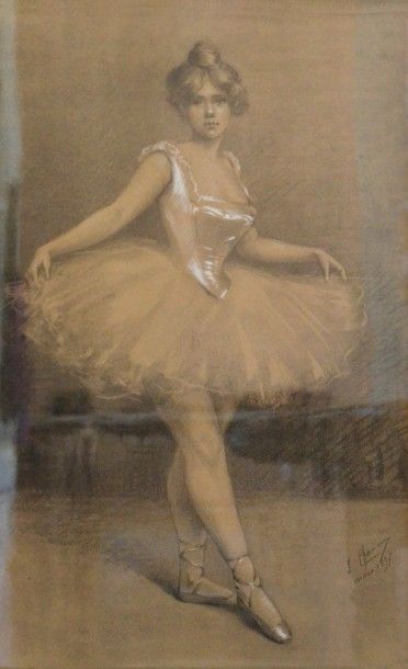 J. CHAINE Danseuse en tutu, mars 1897 Fusain et craie blanche, signé et daté en bas...