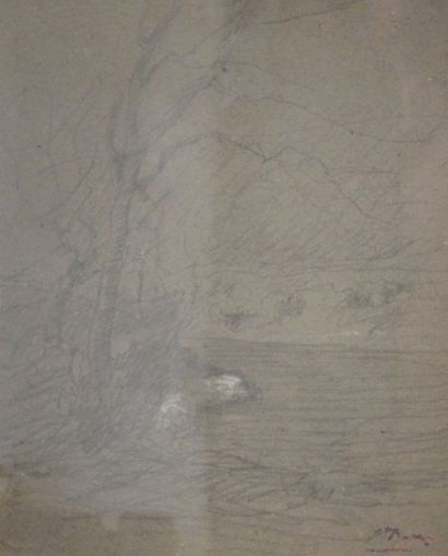François Auguste RAVIER (1814-1895) Paysage Dessin, rehauts de craies, signé du cachet...