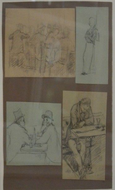 Auguste MORISOT (1857-1951) Le café Quatre dessins encadrés ensemble, monogrammés...
