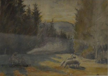 Auguste MORISOT (1857-1951) Saint-Point, Jura, paysage animé aux moutons Aquarelle,...