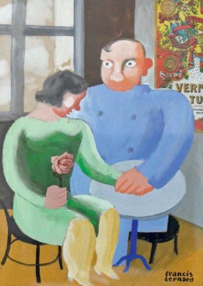 Francis BERNARD (1900-1979) Amoureux au café Gouache et collage, signé en bas à droite...