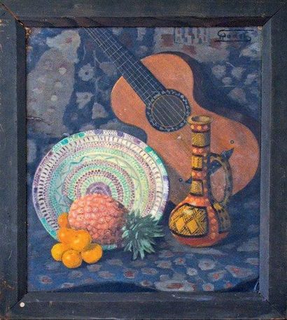 Alphone Antoine RODET (1890-1975) Nature morte à l'ananas et à la guitare Huile sur...