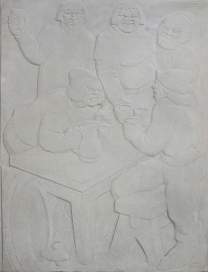 Jean DULAC (1902-1968) «Les Buveurs» Bas-relief en plâtre, signé en bas à droite...