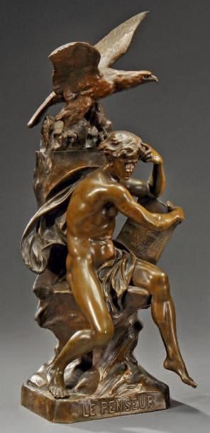 Émile Louis PICAULT (1833-1915) Le penseur Bronze à patine médaille Signé sur la...
