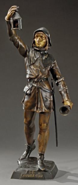 Eugène MARIOTON (1854-1933) Le couvre-feu Bronze double patine, brune et dorée, signé...