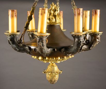 null Lustre en tôle et bronze patiné ou doré en forme de lampe antique, à large rosace...