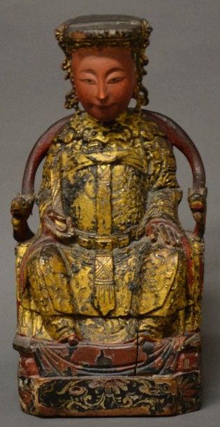 null Dignitaire chinois Statuette en bois sculpté polychrome H. 40 cm environ - ...
