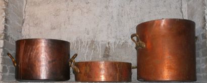 null Lot en cuivre: trois grandes marmites, anses en bronze (Restauration et bos...