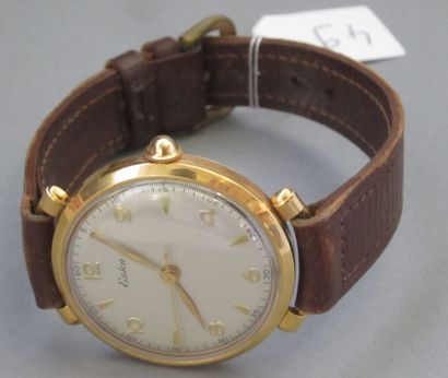 ESKA Bracelet-montre d'homme, boîtier rond en métal doré, bracelet cuir marron et...