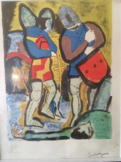 *Pierre AMBROGIANI (1907 - 1985) Les chevaliers Lithographie en couleurs H. 23,5...