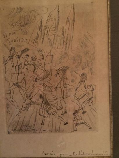 *Jules PASCIN (1885 - 1930) Scène de rue Gravure H. 16 cm L. 11, 5 cm Annoté en bas...