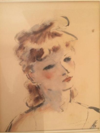 *André DIGNIMONT (1891 - 1965) Portrait de jeune fille Aquarelle encre et gouache...