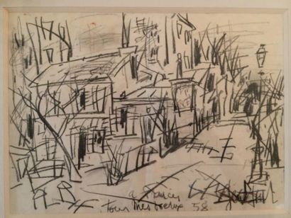 *GEN PAUL (1895 - 1975) Montmartre Craie noire sur papier H. 27 cm L. 38,5 cm Signé...