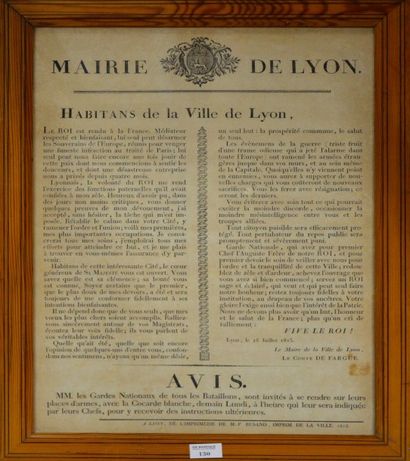 LYON Rare placard d'époque Louis XVIII. Folio.