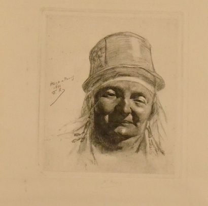 Félicien rops (1833 - 1898) Tête de Zélandaise. Ex. 292. Vernis mou. 26 x 22 cm +...