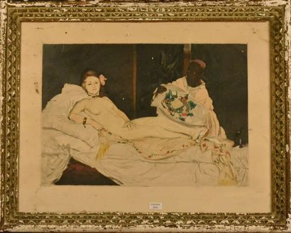 D'après Edouard MANET L'Olympia Aquatinte en couleur de Jacques VILLON H. 40 cm L....