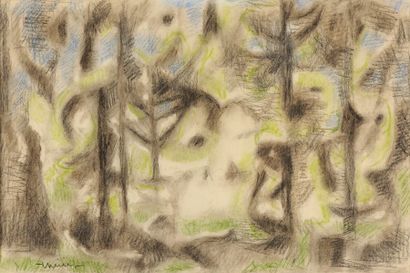 Henri VIEILLY (1900-1979) Forêt onirique Pastel, crayons de couleurs, fusain et mine...