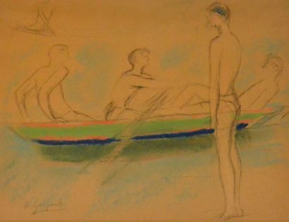 ALFRED GASPART (1900-1993) 
Baigneurs à la barque
Pastel et fusain, signé en bas...