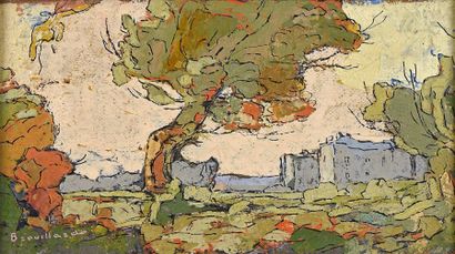 Eugène BROUILLARD (1870-1950) 
Paysage automnal près d'un château
Huile et encre...