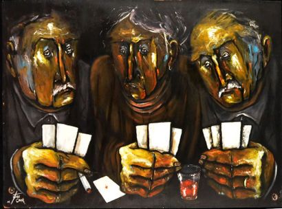 Juan COOK (né en 1948) 
Joueurs de cartes
Huile sur panneau, signée et datée 05 en...