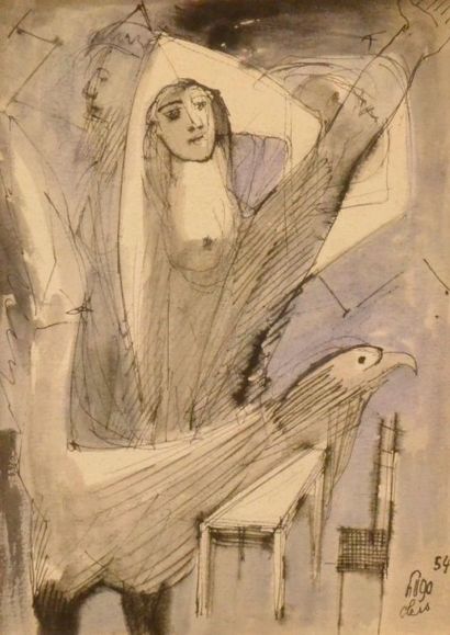 Ugo CLEIS (1903-1976) 
Deux personnages à l'oiseau dans un intérieur 
Aquarelle,...