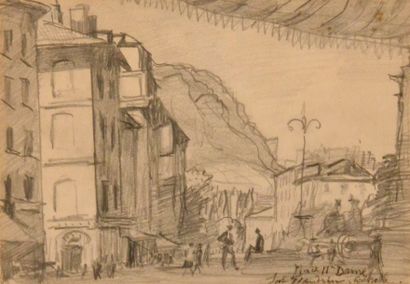 Jules FLANDRIN (1871-1947) 
La place Notre-Dame à Grenoble 
Dessin à la mine de plomb,...
