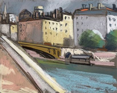 Adrien BAS (1884-1925) 
La Saône à Lyon, le Pont la Feuillée et le quai Saint-Vincent
Pastel,...