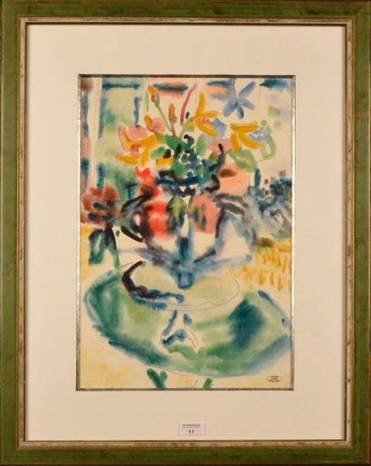 Marcel SAINT-JEAN (1914-1994) 
Intérieur au bouquet de fleur
Aquarelle sur traits...