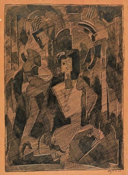 Albert GLEIZES (1881-1953) 
Composition cubiste avec deux personnages
Encre de Chine...