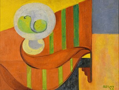 Paul REGNY (1918-2013) 
Composition cubiste au compotier
Huile sur panneau, signée...