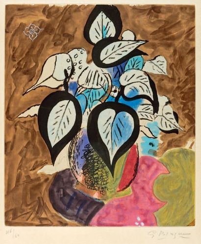 Georges BRAQUE (1882 - 1963) Feuillage en couleurs. 1956. Eau-forte en couleurs....