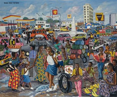 Monsengo SHULA (né en 1959) "Rond point victoire", 1999 Huile sur toile et collage,...