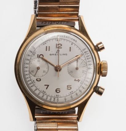 BREITLING Chronographe vers 1950 Boitier rond métal doré, fond vissé numéroté. Cadran...