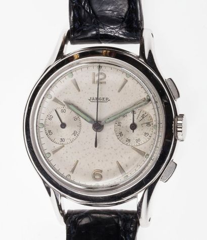 JAEGER-LECOULTRE Chronographe en acier. Vers 1950 Montre bracelet chronographe Jaeger....