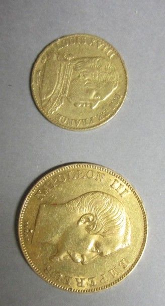 null Lot de deux pièces en or - 1 pièce de 50 francs Napoléon II tête nueI, 1859,...
