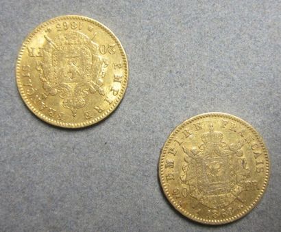 null Deux pièces en or, 20 francs, profil Napoléon III lauré (atelier BB 1865- atelier...