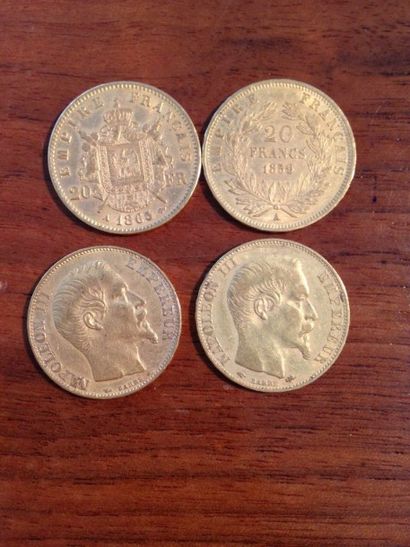 null Quatre pièces de 20 frs or Napoléon III 1865, 1856 et 1854