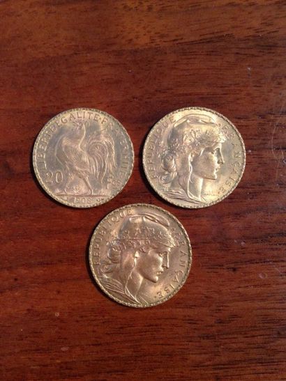 null Trois pièces de 20 francs or Coq/Marianne 1908 et 1909