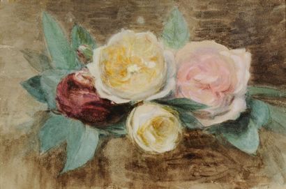 Victoria DUBOURG (1840-1926) Jeté de roses Aquarelle H. 14,5 cm L. 22 cm