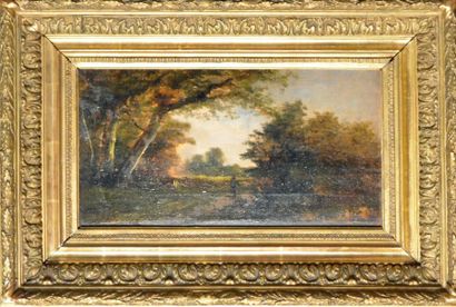 ECOLE DE BARBIZON, XIXe siècle Femmes dans des paysages Paire d'huiles sur panneau,...