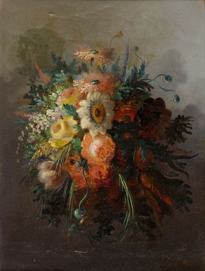 L.CHOLET, Ecole Lyonnaise du XIXe siècle Jeté de fleurs Huile sur toile signée en...