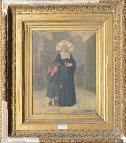 Antony SERRES (1828-1898) La religieuse et la fillette Huile sur panneau, signé en...