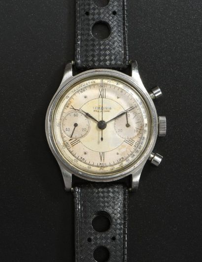 LEMANIA, vers 1950 
Montre chronographe, boitier rond en acier, fond vissé numéroté...