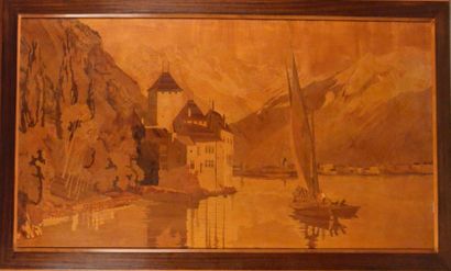 Pierre ROSENAU (XXème siècle) 
Le château de Chillon sur le Lac Léman.
Grand tableau...