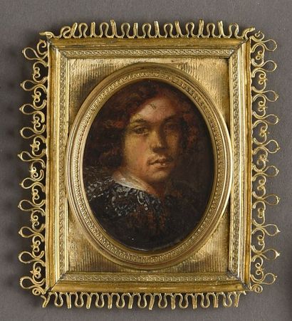 RUSSIE 
Miniature ovale, huile sur cuivre, portrait d'homme jeune roux et manteau...