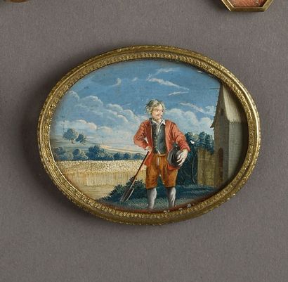 null Miniature ovale représentant un paysan en veste orange, chapeau sous le bras,...