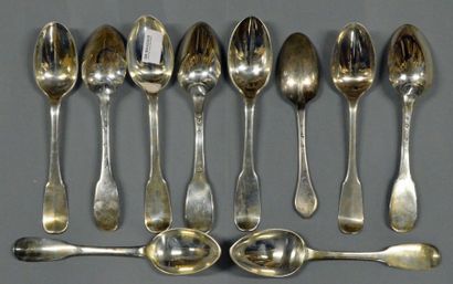 null Réunion de:
- quatre cuillères de table, 1808-1818
- trois fourchettes dont...