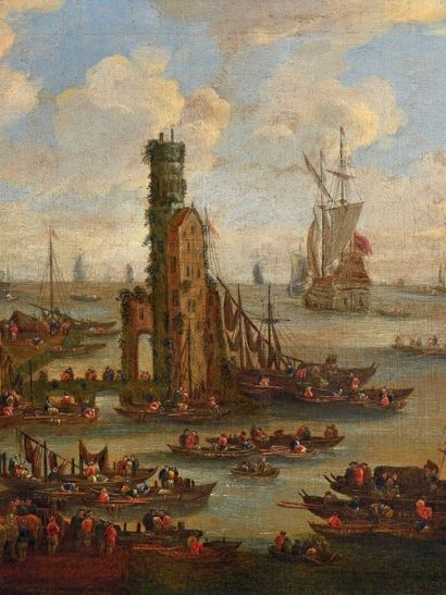 Attribué à Pieter CASTEELS II (actif à Anvers 1673-1700) 
Port animé
Huile sur toile
H....