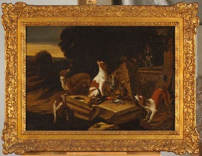 Adrian de GRYEF (1670-1715) 
Après la chasse
Huile sur toile monogrammée
H. 50 cm...