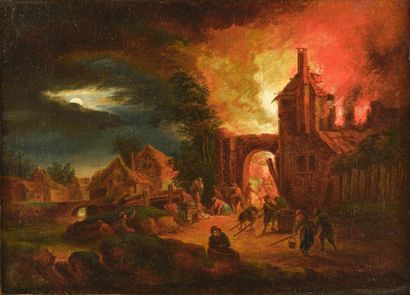 ATTRIBUÉ À JOHANN GEORG TRAUTMANN (1713-1769) 
Incendies nocturnes
Paire d'huiles...